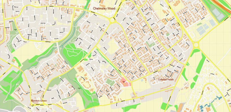 Solihull + Erdington Area UK Map Vector City Plan High Detailed Street Map editable Adobe Illustrator in layers