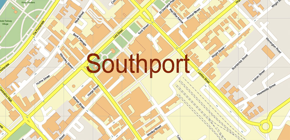 Southport Area UK Map Vector City Plan High Detailed Street Map editable Adobe Illustrator in layers