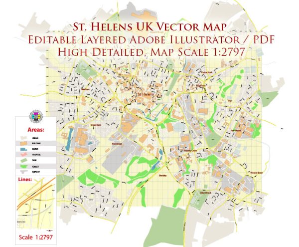 St Helens Area UK Map Vector City Plan High Detailed Street Map editable Adobe Illustrator in layers