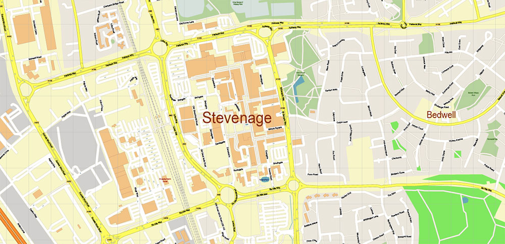 Stevenage + Benslow + Letchworth UK PDF Vector Map: City Plan High Detailed Street Map editable Adobe PDF in layers