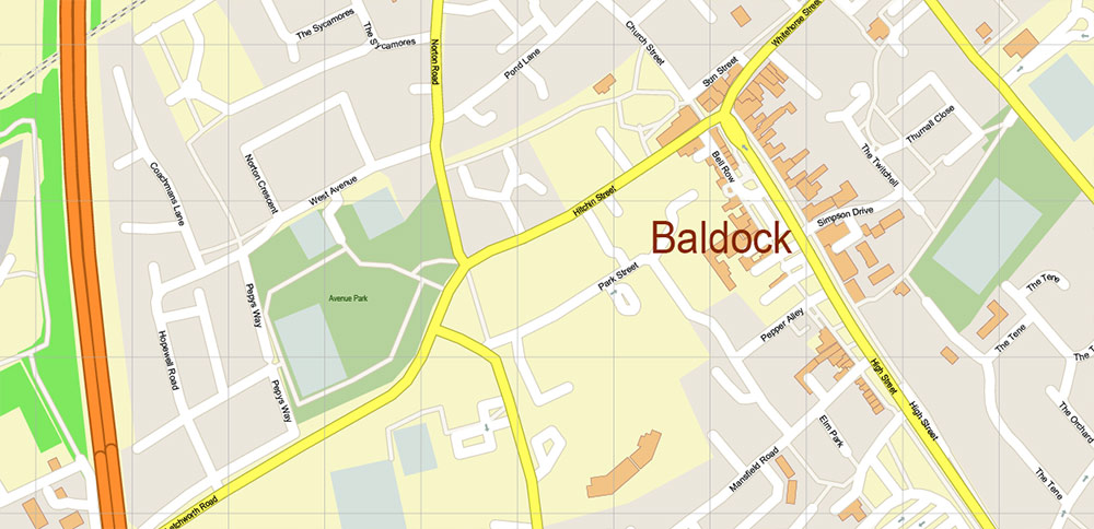 Stevenage + Benslow + Letchworth UK PDF Vector Map: City Plan High Detailed Street Map editable Adobe PDF in layers