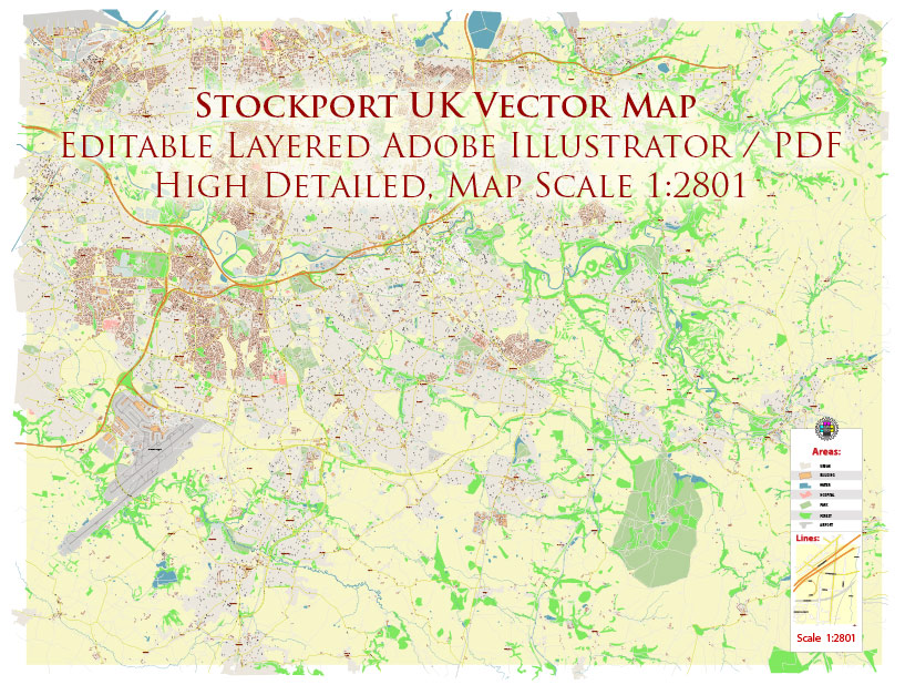 Stockport UK PDF Vector Map: City Plan High Detailed Street Map editable Adobe PDF in layers