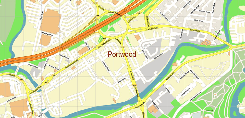 Stockport UK PDF Vector Map: City Plan High Detailed Street Map editable Adobe PDF in layers