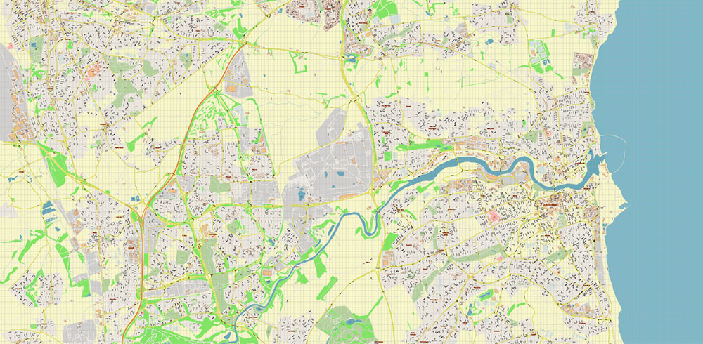 Sunderland Area UK PDF Vector Map: City Plan High Detailed Street Map editable Adobe PDF in layers