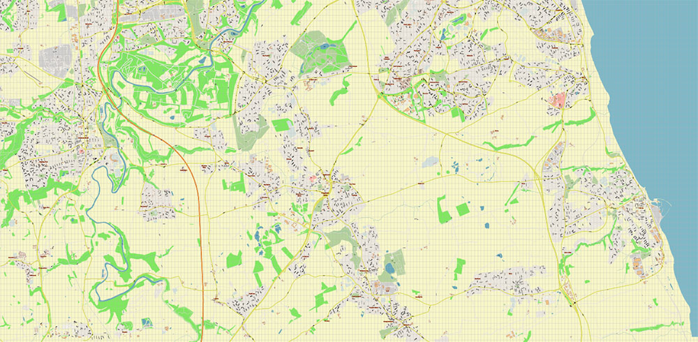 Sunderland Area UK Map Vector City Plan High Detailed Street Map editable Adobe Illustrator in layers
