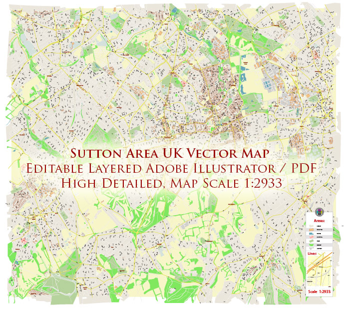 Sutton Area UK PDF Vector Map: City Plan High Detailed Street Map editable Adobe PDF in layers