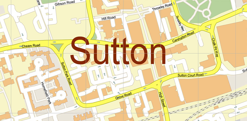 Sutton Area UK Map Vector City Plan High Detailed Street Map editable Adobe Illustrator in layers