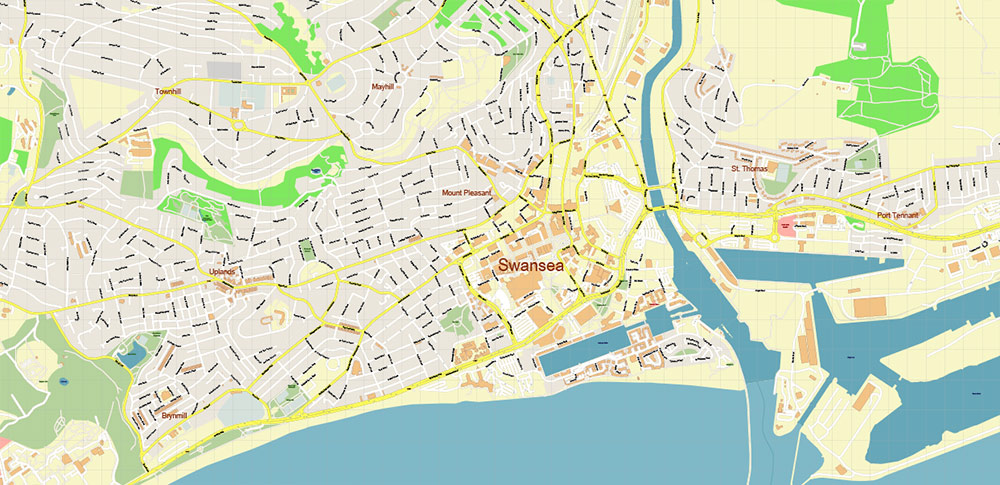 Swansea Area UK PDF Vector Map: City Plan High Detailed Street Map editable Adobe PDF in layers