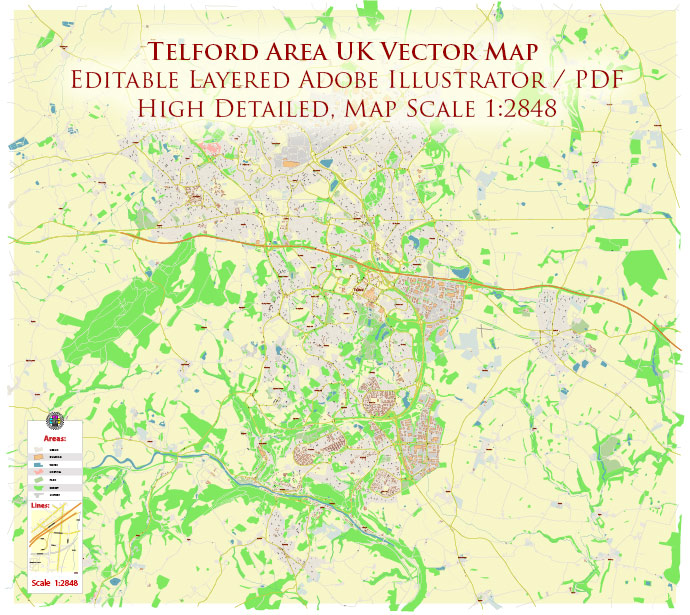 Telford Area UK Map Vector City Plan High Detailed Street Map editable Adobe Illustrator in layers