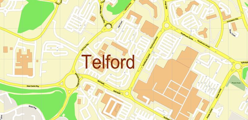 Telford Area UK Map Vector City Plan High Detailed Street Map editable Adobe Illustrator in layers