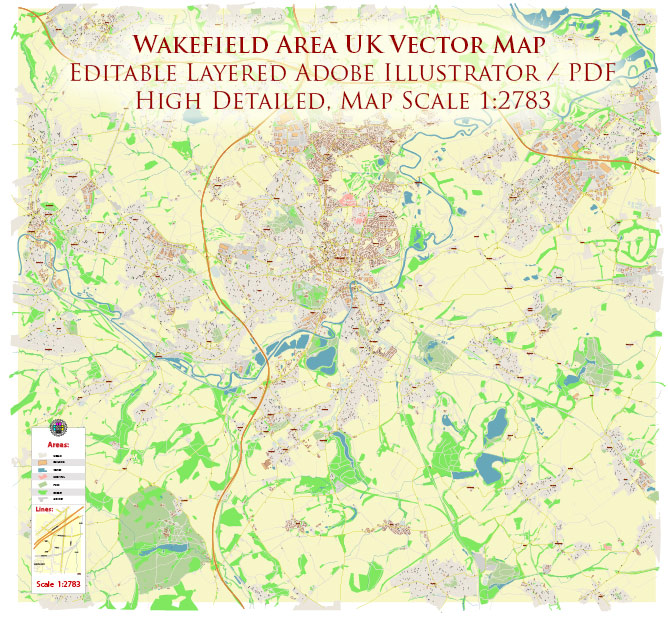 Wakefield Area UK PDF Vector Map: City Plan High Detailed Street Map editable Adobe PDF in layers