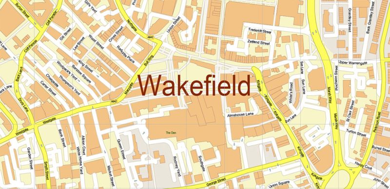 Wakefield Area UK Map Vector City Plan High Detailed Street Map editable Adobe Illustrator in layers