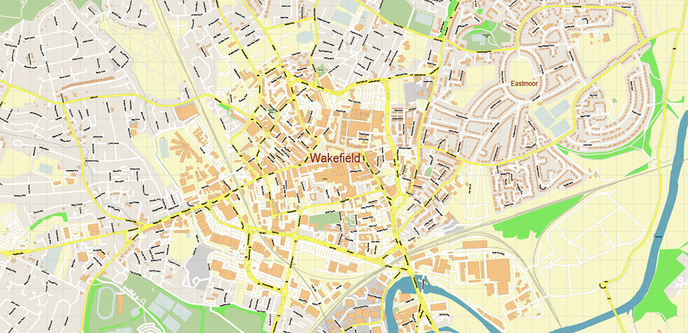 Wakefield Area UK PDF Vector Map: City Plan High Detailed Street Map editable Adobe PDF in layers