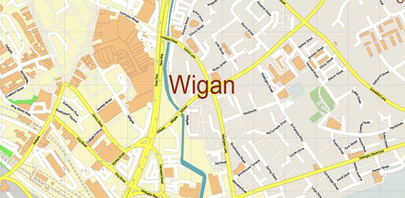 Wigan Area UK Map Vector City Plan High Detailed Street Map editable Adobe Illustrator in layers