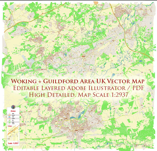 Woking + Guildford UK Map Vector City Plan High Detailed Street Map editable Adobe Illustrator in layers