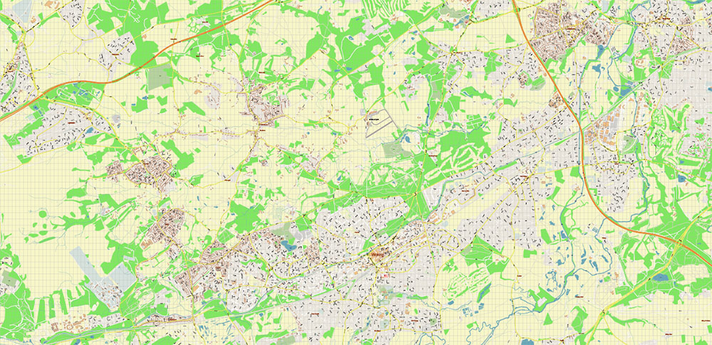 Woking + Guildford UK PDF Vector Map: City Plan High Detailed Street Map editable Adobe PDF in layers