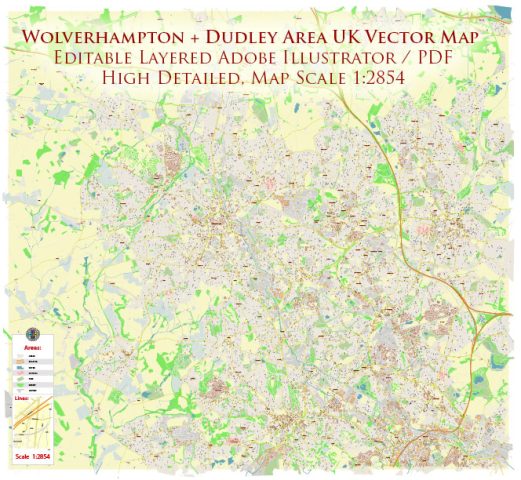 Wolverhampton + Dudley UK PDF Vector Map: City Plan High Detailed ...