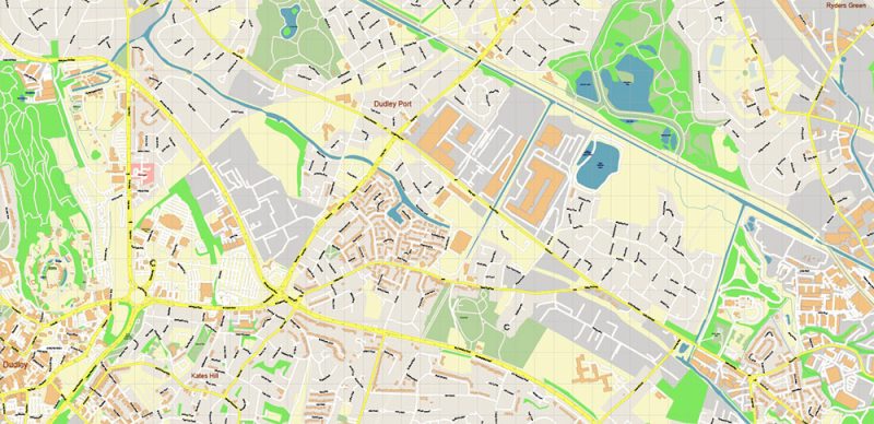 Wolverhampton + Dudley UK Map Vector City Plan High Detailed Street Map editable Adobe Illustrator in layers