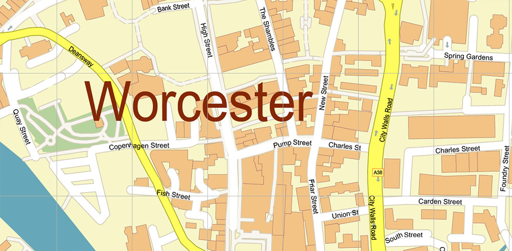 Worcester Area UK PDF Vector Map: City Plan High Detailed Street Map editable Adobe PDF in layers