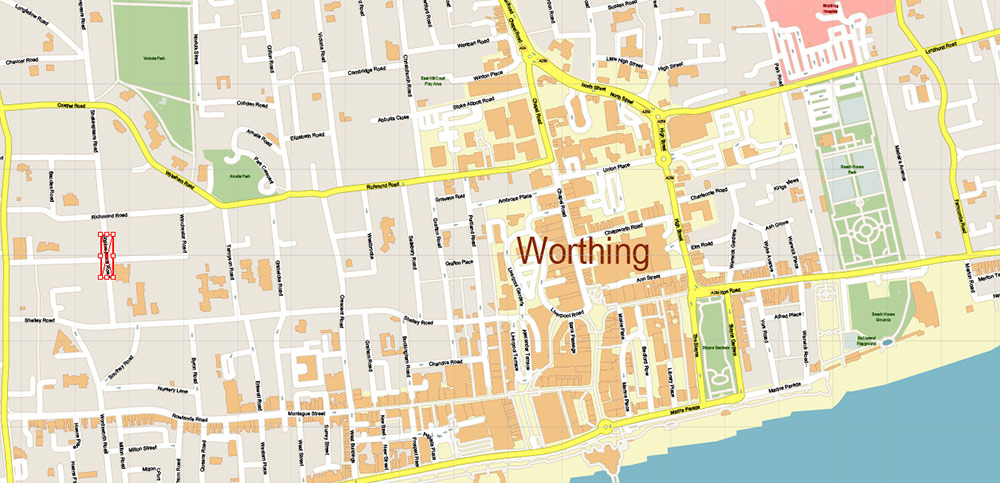 Worthing Area UK Map Vector City Plan High Detailed Street Map editable Adobe Illustrator in layers