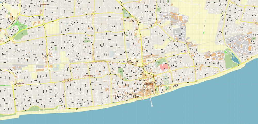 Worthing Area UK PDF Vector Map: City Plan High Detailed Street Map editable Adobe PDF in layers