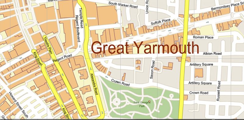Yarmouth + Norwich Area UK Map Vector City Plan High Detailed Street Map editable Adobe Illustrator in layers