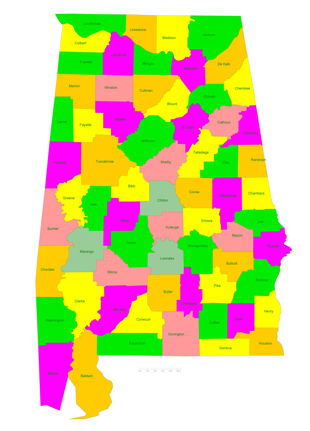 Free vector map Alabama State US - counties areas and names: Ai, PDF and SVG in 1 archive