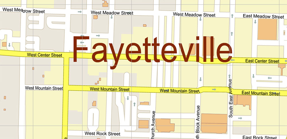 Fayetteville Arkansas US PDF Vector Map: City Plan High Detailed Street Map editable Adobe PDF in layers