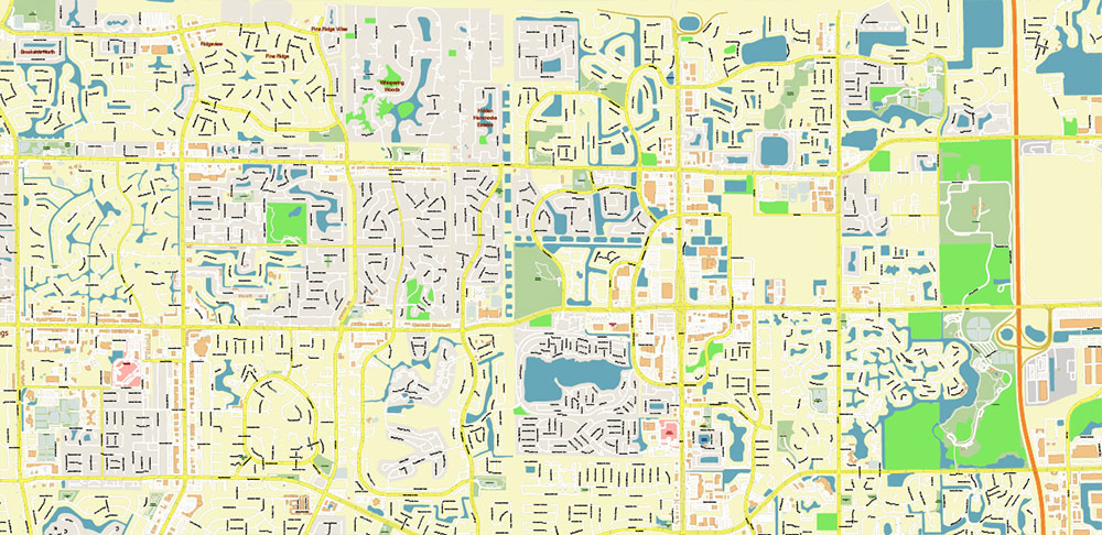 Fort Lauderdale + Pompano Beach + Hollywood Florida US PDF Vector Map: City Plan High Detailed Street Map + Relief Topo editable Adobe PDF in layers