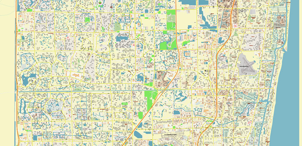 Fort Lauderdale + Pompano Beach + Hollywood Florida US PDF Vector Map: City Plan High Detailed Street Map + Relief Topo editable Adobe PDF in layers