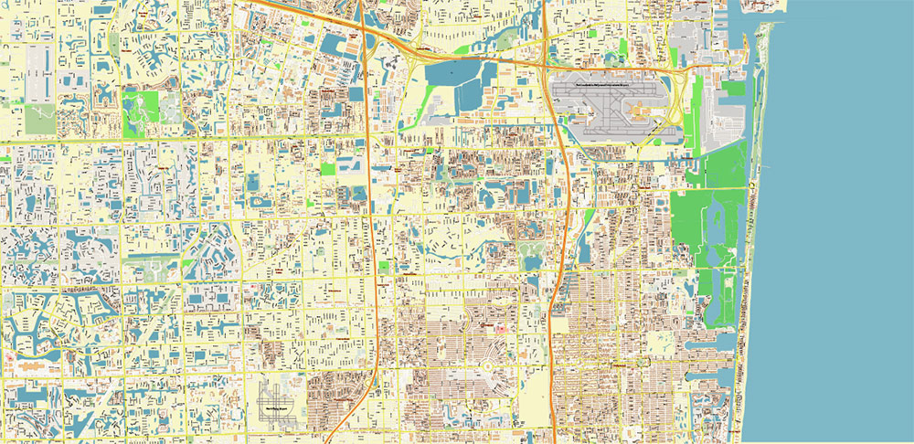 Fort Lauderdale + Pompano Beach + Hollywood Florida US Map Vector City Plan High Detailed Street Map + Relief Topo editable Adobe Illustrator in layers