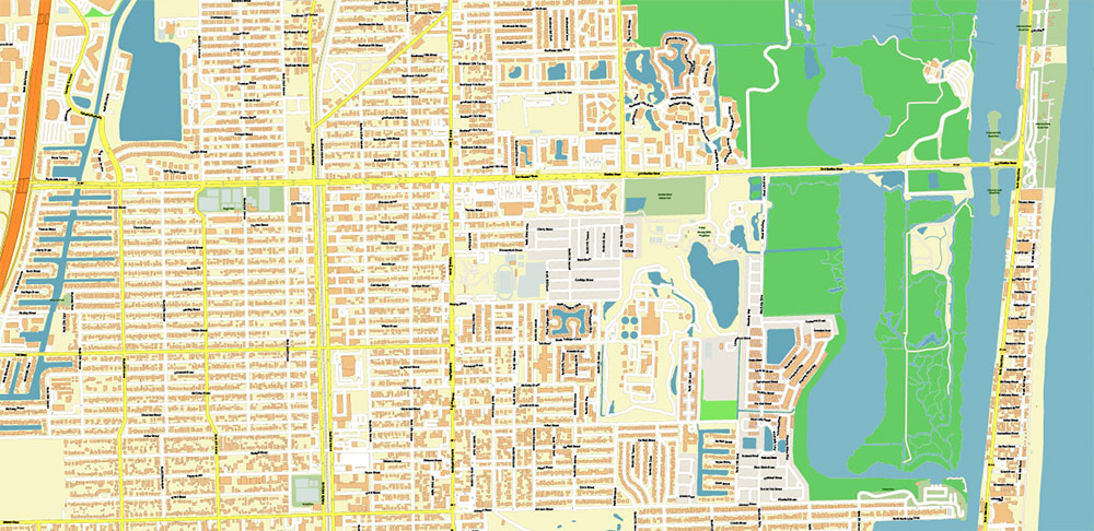 Fort Lauderdale + Pompano Beach + Hollywood Florida US Map Vector City Plan High Detailed Street Map + Relief Topo editable Adobe Illustrator in layers