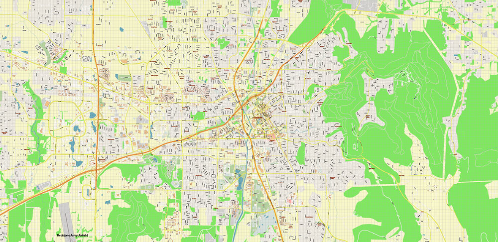 Huntsville Alabama US PDF Vector Map: City Plan High Detailed Street Map editable Adobe PDF in layers