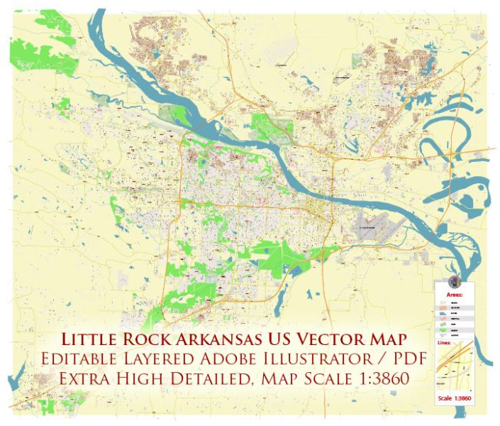Little Rock Arkansas US PDF Vector Map City Plan High Detailed Street