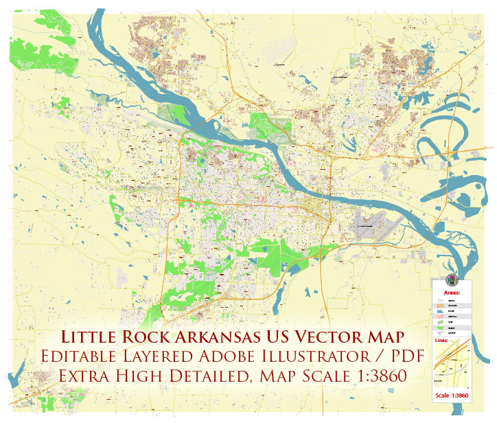 Little Rock Arkansas US Map Vector City Plan High Detailed Street Map editable Adobe Illustrator in layers