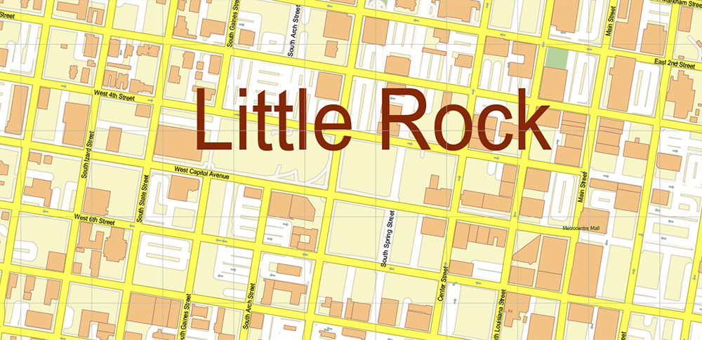 Little Rock Arkansas US PDF Vector Map: City Plan High Detailed Street Map editable Adobe PDF in layers