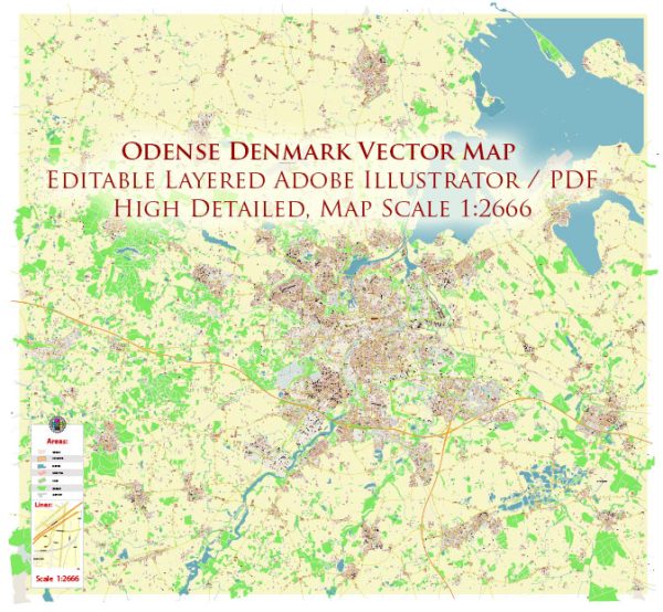 Odense Denmark Map Vector City Plan High Detailed Street Map editable Adobe Illustrator in layers