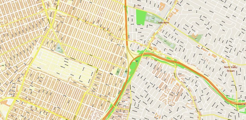 Queens New York City NY US Map Vector City Plan High Detailed Street Map + Relief Topo editable Adobe Illustrator in layers