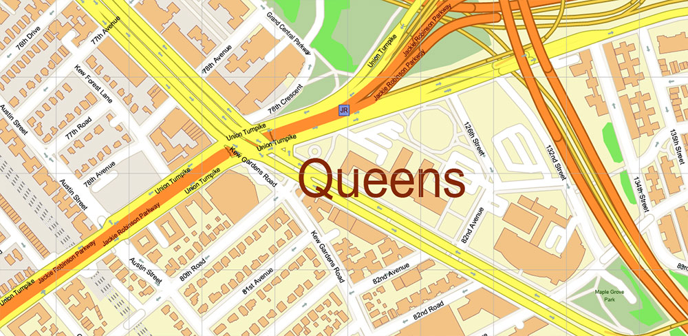 Queens New York City NY US PDF Vector Map: City Plan High Detailed Street Map + Relief Topo editable Adobe PDF in layers
