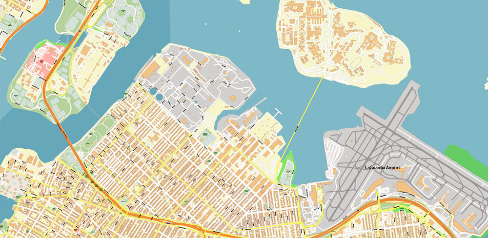 Queens New York City NY US PDF Vector Map: City Plan High Detailed Street Map + Relief Topo editable Adobe PDF in layers