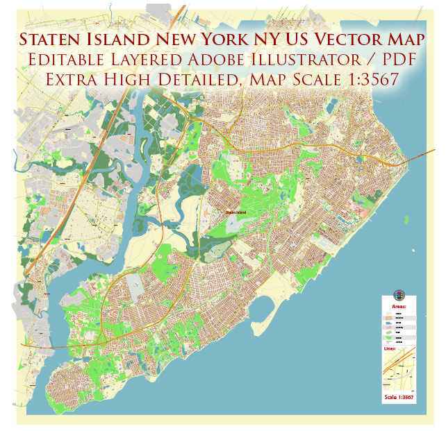Staten Island New York City NY US PDF Vector Map: City Plan High Detailed Street Map editable Adobe PDF in layers