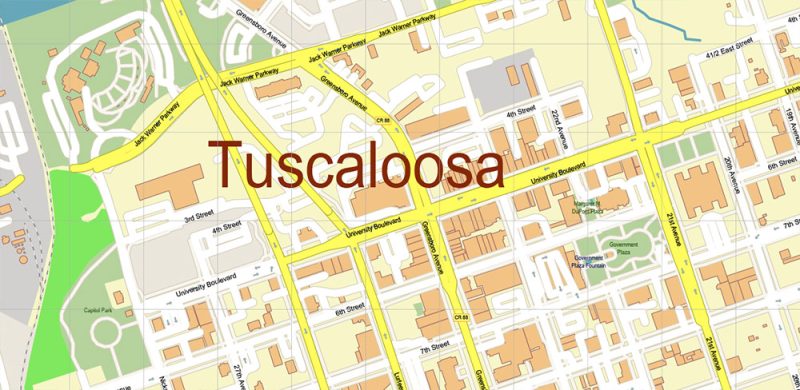 Tuscaloosa Alabama US Map Vector City Plan High Detailed Street Map editable Adobe Illustrator in layers