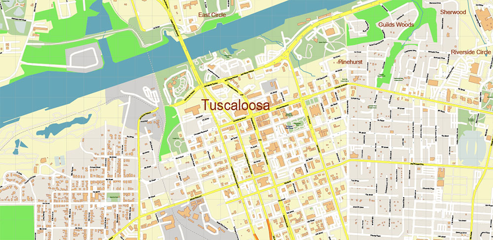Tuscaloosa Alabama US PDF Vector Map: City Plan High Detailed Street Map editable Adobe PDF in layers