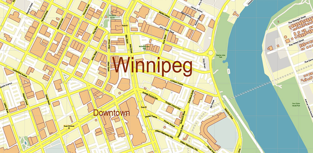 Winnipeg Manitoba Canada PDF Vector Map: City Plan High Detailed Street Map editable Adobe PDF in layers