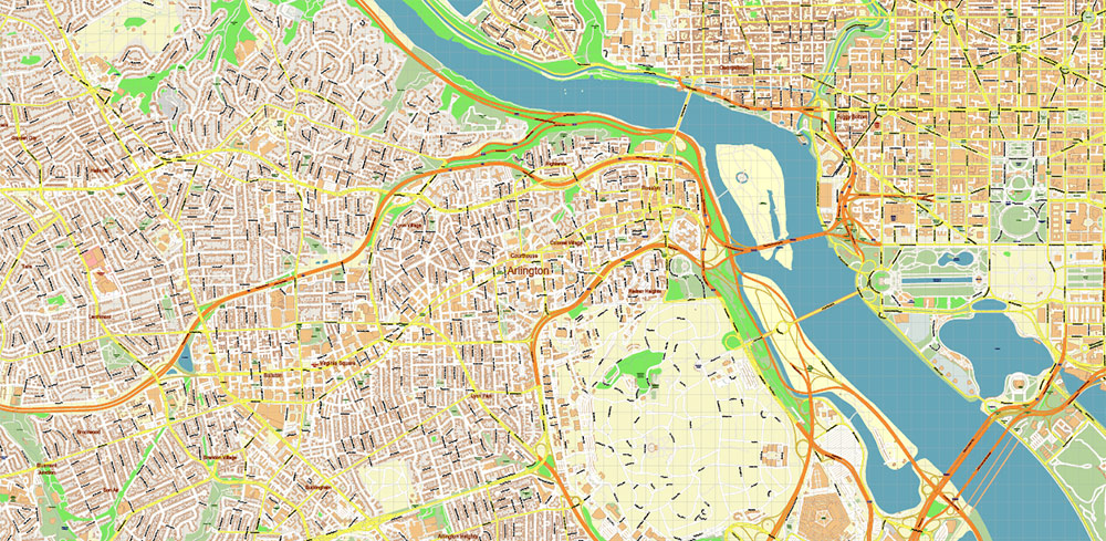 Arlington Virginia US Map Vector: High Detailed Street Map editable Adobe Illustrator in layers
