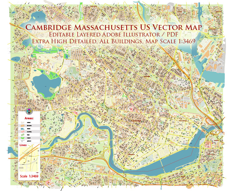 Cambridge Massachusetts US Vector Map: High Detailed Street Map editable Adobe Illustrator in layers