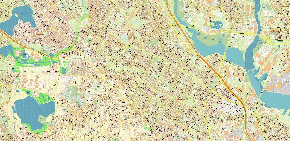Cambridge Massachusetts US PDF Vector Map: High Detailed Street Map editable Adobe PDF in layers