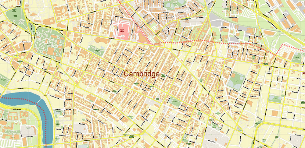 Cambridge Massachusetts US Vector Map: High Detailed Street Map editable Adobe Illustrator in layers