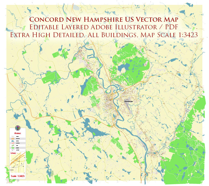 Concord New Hampshire US Vector Map: High Detailed Street Map editable Adobe Illustrator in layers