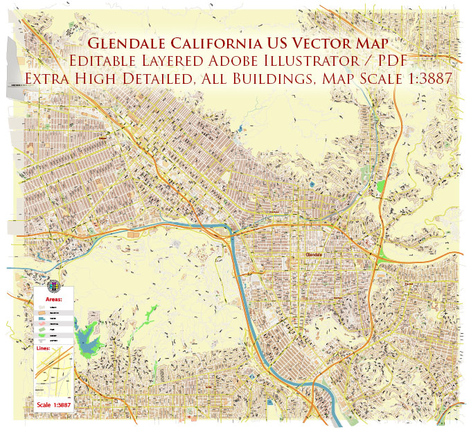 Glendale California US PDF Vector Map: City Plan High Detailed Street Map editable Adobe PDF in layers
